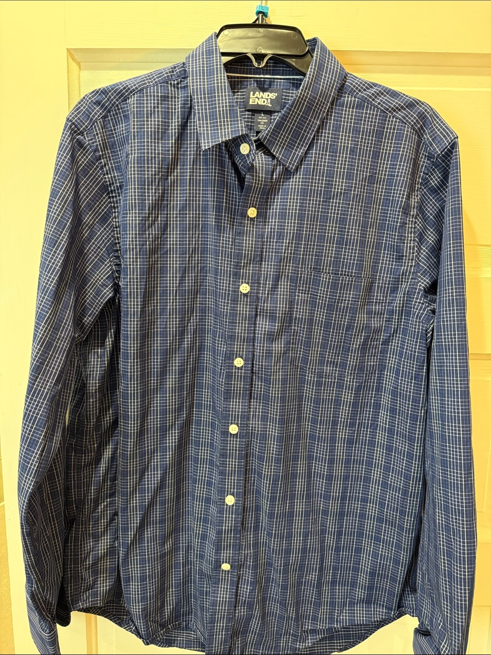 Lands' End Men's Navy and White Plaid Button-Down Shirt